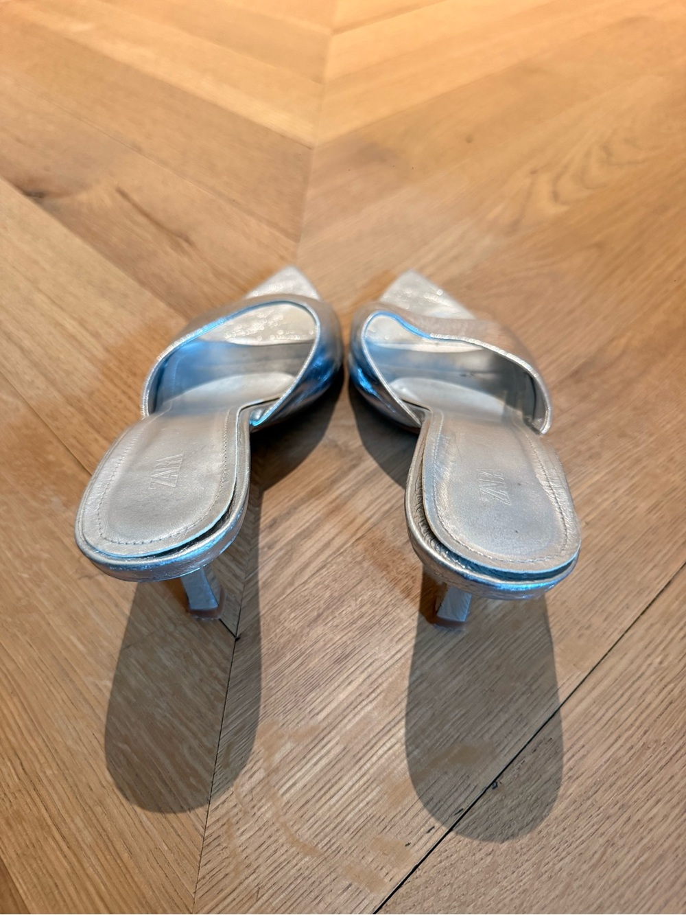Zara Silver Pointed Open Toe Slide Heels - Metallic Women's Shoes - Picture 3 of 4